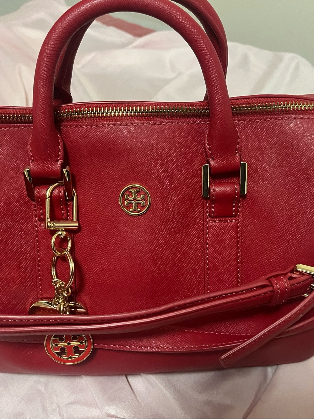 Tory Burch Red Leather Satchel with Gold-Tone Hardware